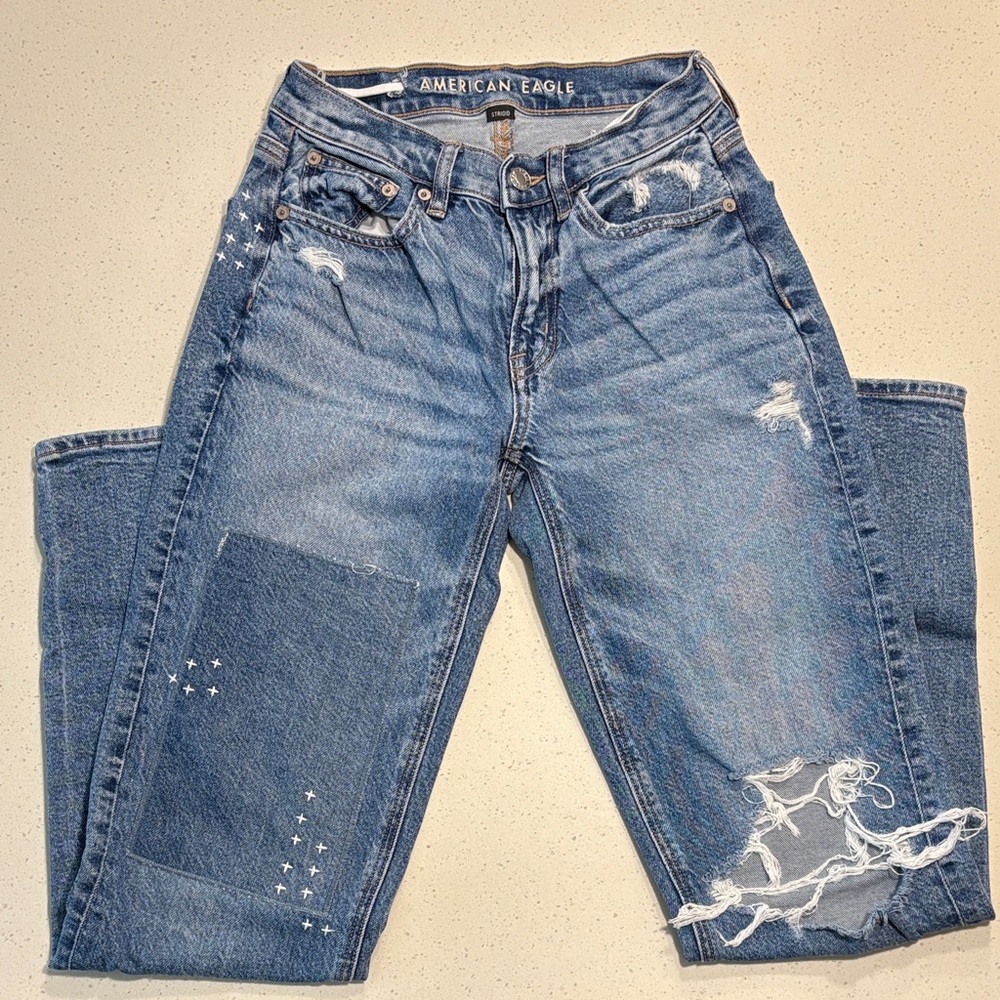 American Eagle Distressed Patchwork Straight Jeans Medium Wash Blue